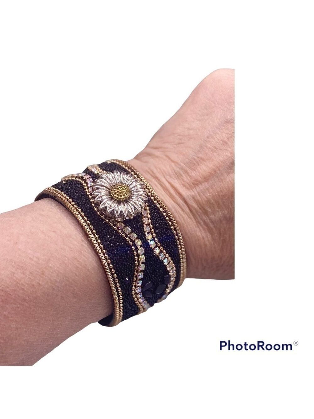 Black & Gold Beaded Bracelet Snap Jewelry & Metal Sunflower 18mm Ginger Snap NWT